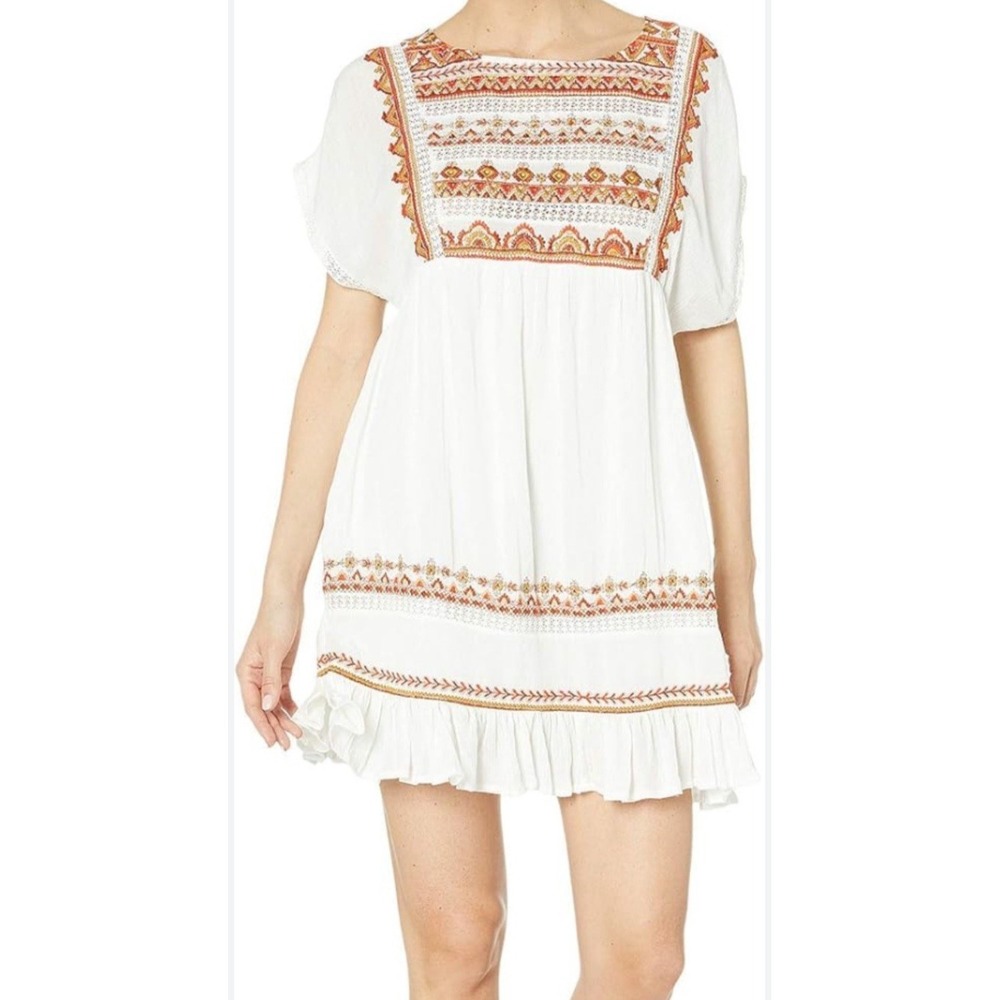 Free‎ People Sunrise Wanderer Mini Dress Women S White Orange Embroidered Boho - Picture 3 of 8
